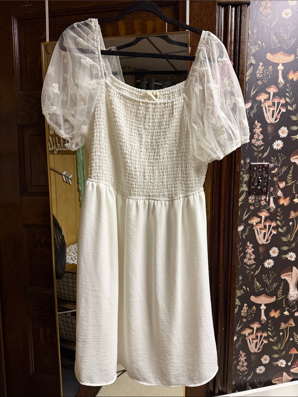White Smocked Bodice Dress with Puff Lace Sleeves 2x